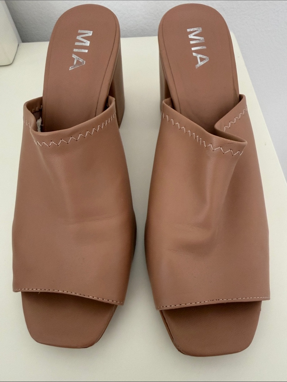 MIA Brown Open-Toe Square-Toe Block Heel Mules with Zigzag Stitch